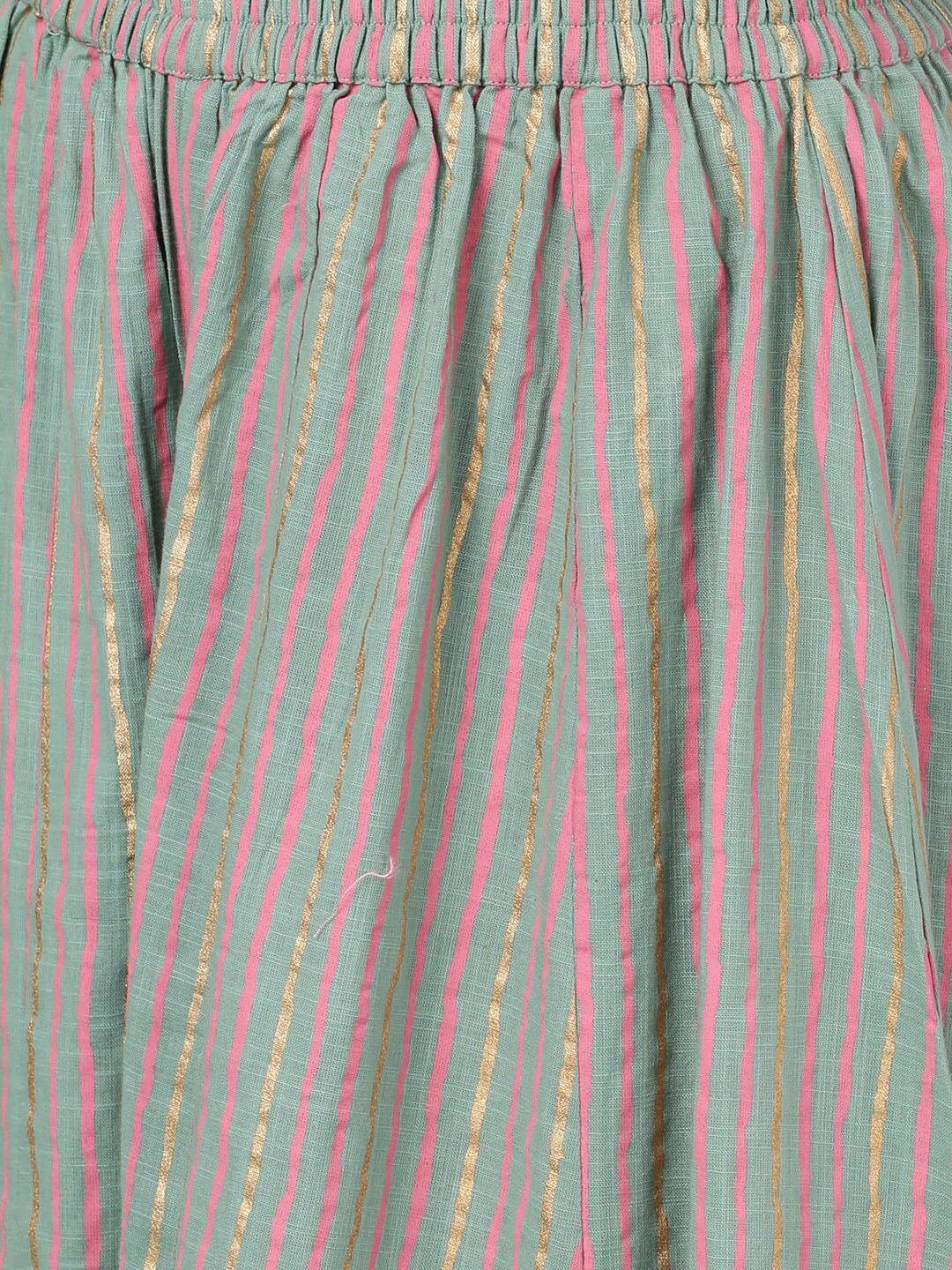 Women's  Green & Pink Printed Kurta with Palazzos & Dupatta