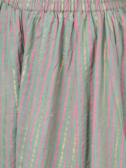 Women's  Green & Pink Printed Kurta with Palazzos & Dupatta