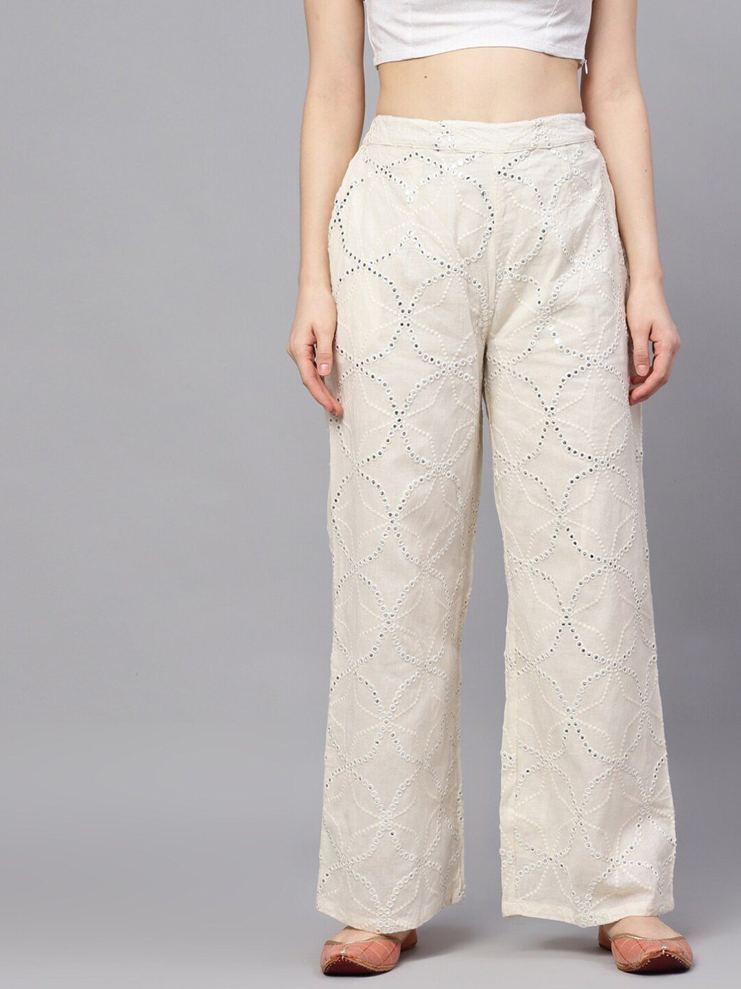 Women's  White Embroidered Wide Leg Palazzos