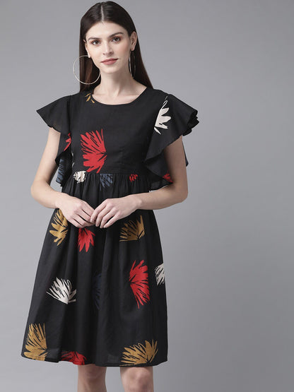 Women's  Black & Red Printed A-Line Dress
