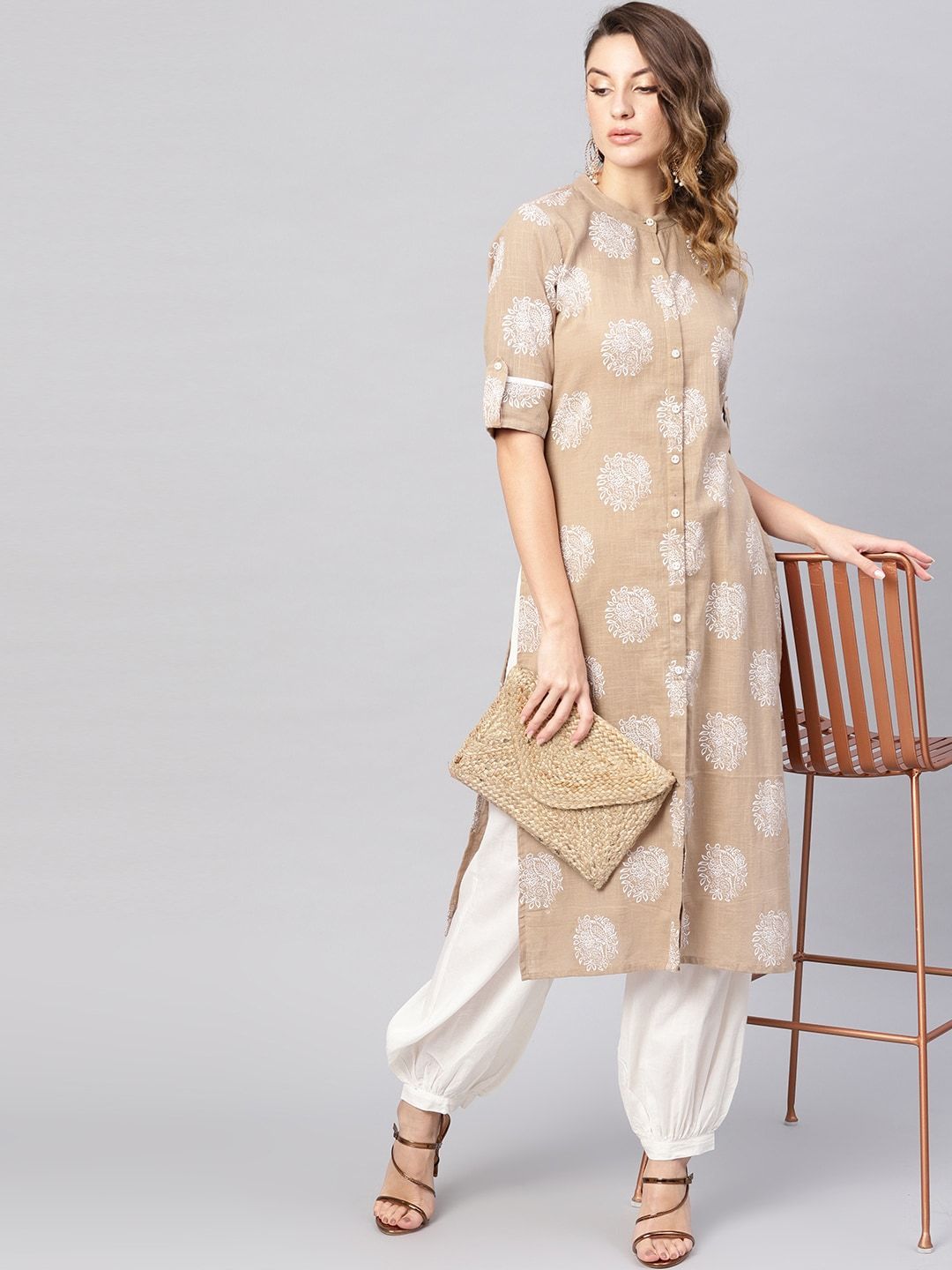 Women's  Beige & White Khari Print Straight Kurta