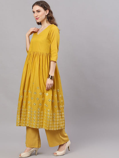 Women's  Mustard Yellow Mirror Work Anarkali Kurta