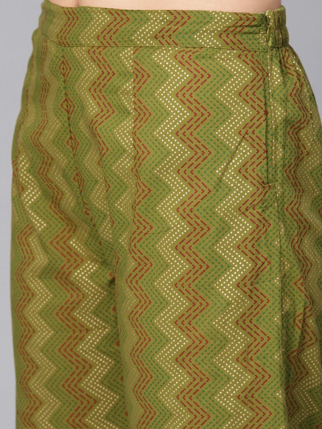 Women's  Green & Maroon Khari Print Kurta with Palazzos & Dupatta
