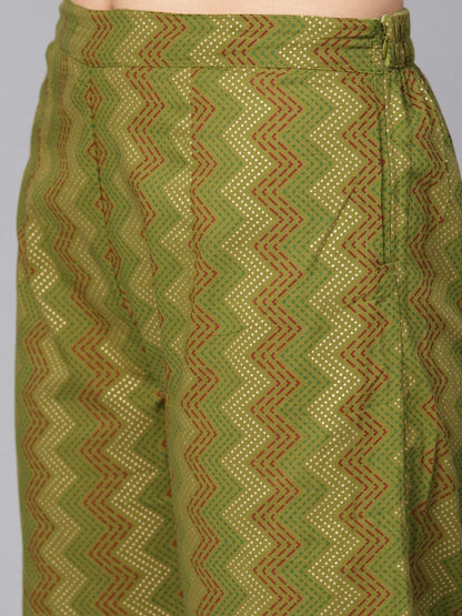 Women's  Green & Maroon Khari Print Kurta with Palazzos & Dupatta