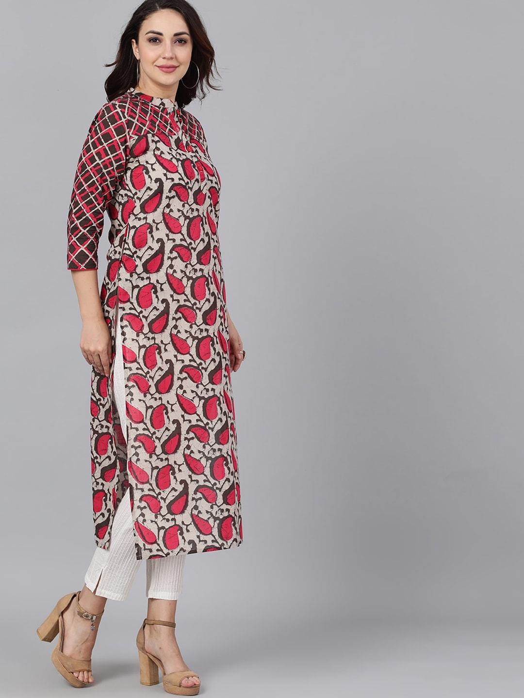 Women's  Brown & Pink Printed Straight Kurta