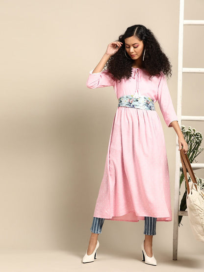 Women's Pink & White Polka Dots Printed Kurta