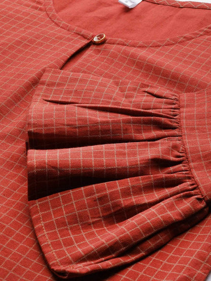 Women's  Red & Off-White Checked Straight Kurta