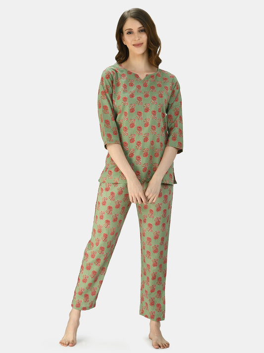 Women's Multicolor Cotton Printed Half Sleeve V Neck Casual Night Suit
