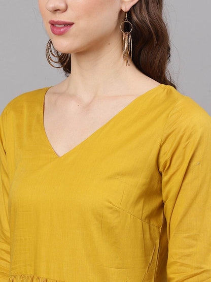 Women's  Mustard Yellow Mirror Work Anarkali Kurta