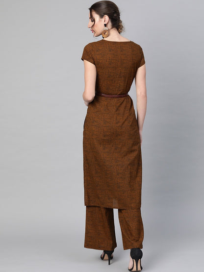 Women's  Mustard Brown & Black Self-Checked Kurta with Palazzos