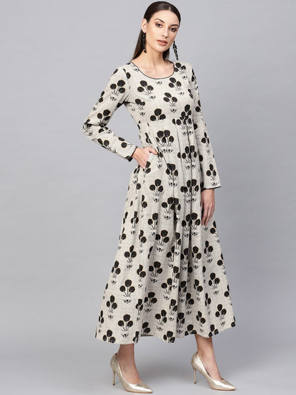 Women's  Off-White & Black Printed Maxi Dress