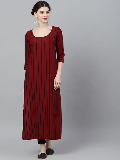 Women's  Maroon & Black Striped Anarkali Kurta
