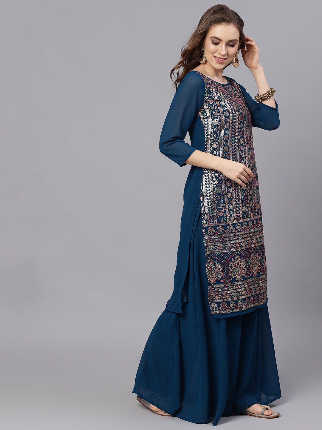 Women's  Navy Blue Printed Kurta with Palazzos