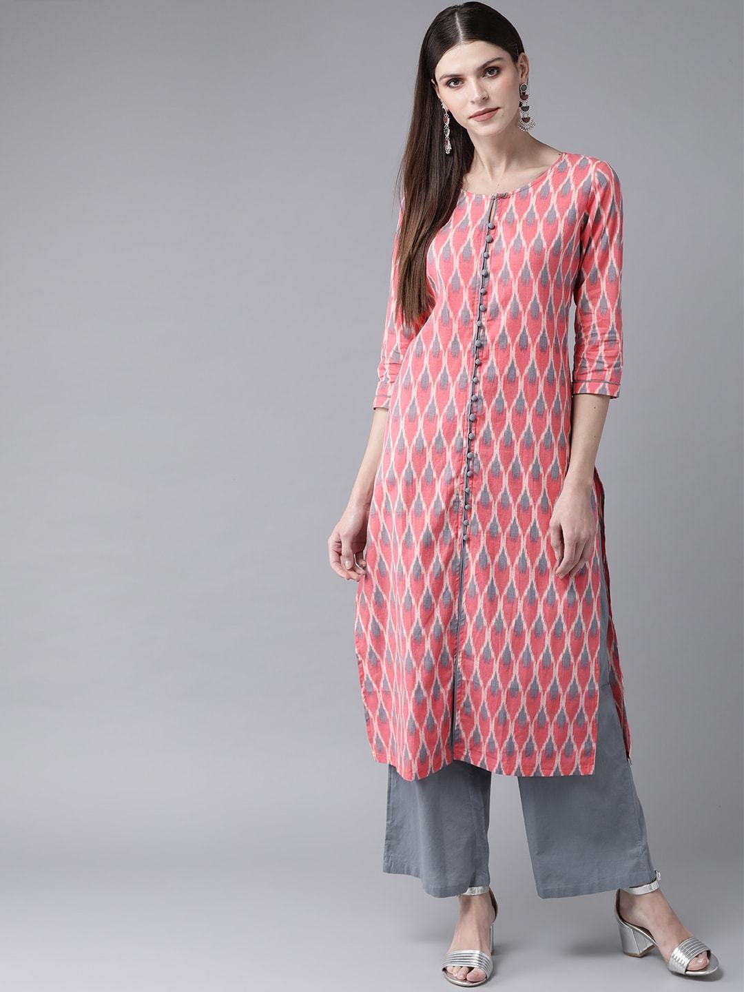Women's  Pink & Grey Printed Straight Kurta