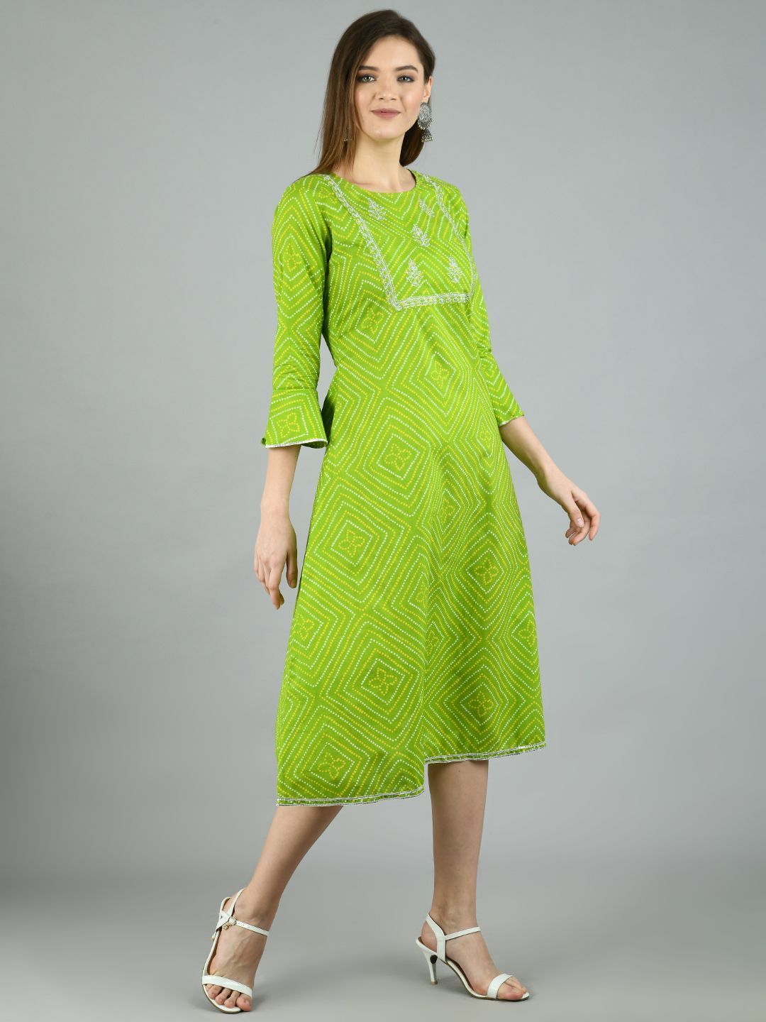 Women's Green Cotton Printed 3/4 Sleeve Round Neck Casual Dress