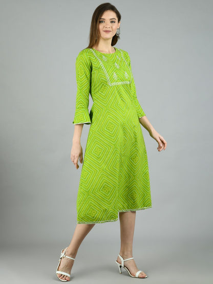 Women's Green Cotton Printed 3/4 Sleeve Round Neck Casual Dress