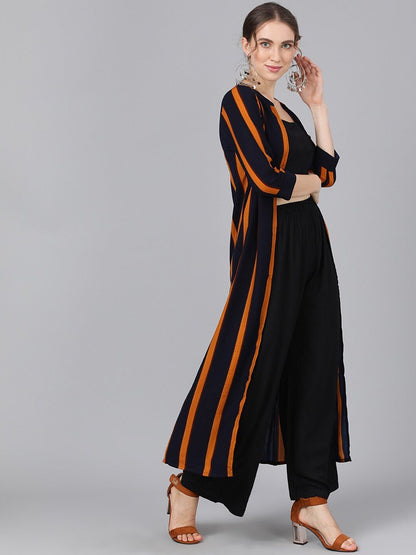 Women's  Navy Blue & Yellow Striped Open Front Jacket