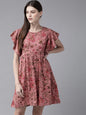 Women's  Pink & Olive Green Printed A-Line Dress
