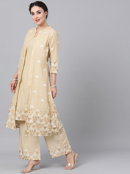Women's  Beige Embroidered Kurta with Palazzos