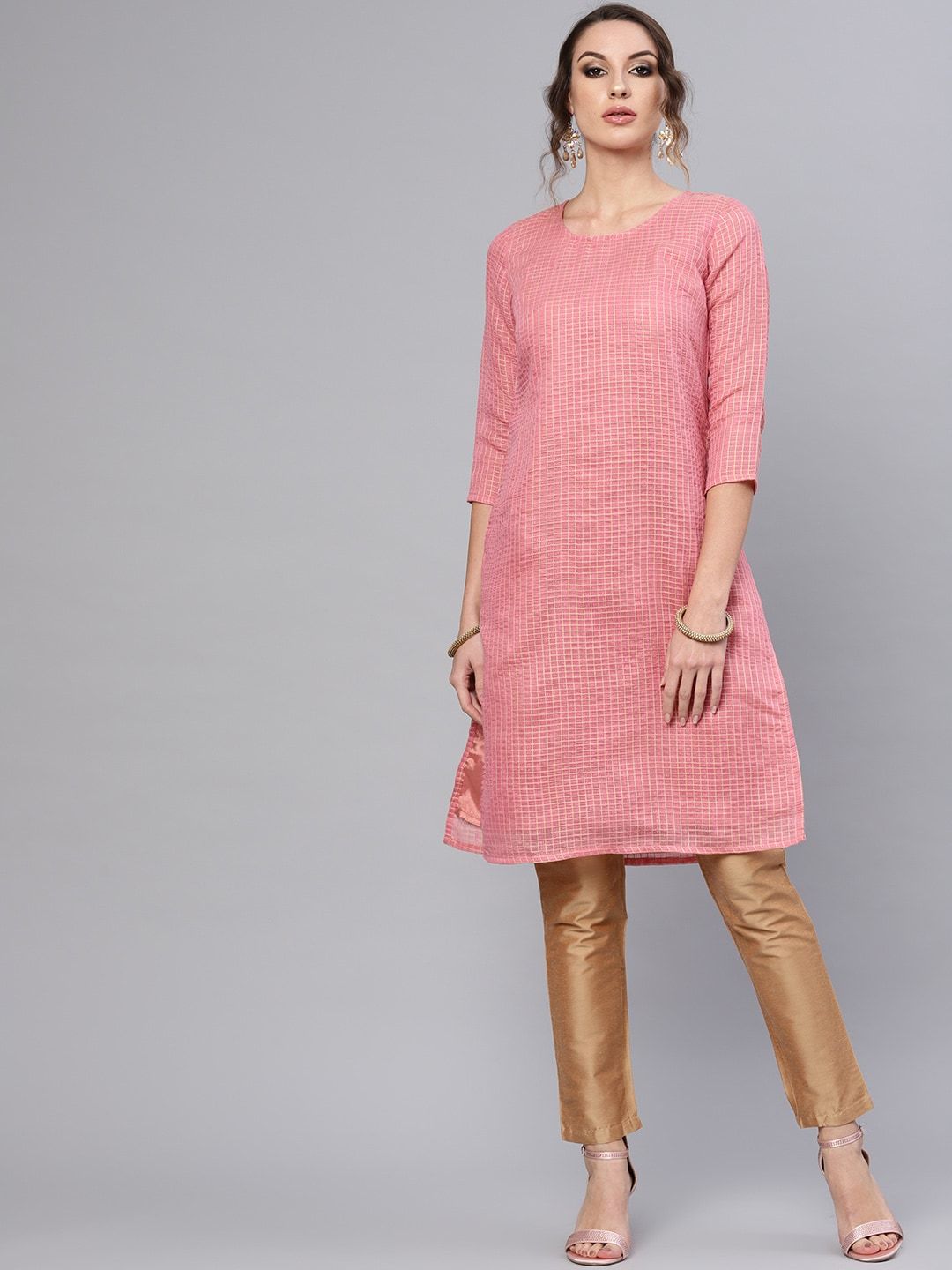 Women's  Pink & Beige Checked Straight Kurta