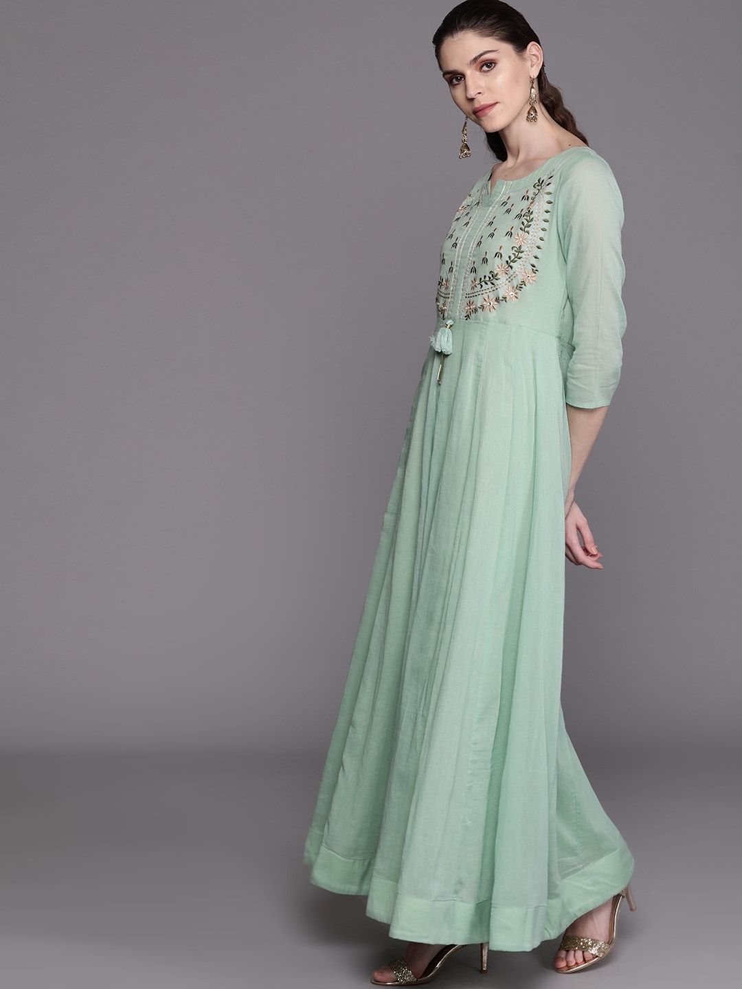 Women's  Sea Green & Golden Yoke Design Anarkali Kurta With Dupatta