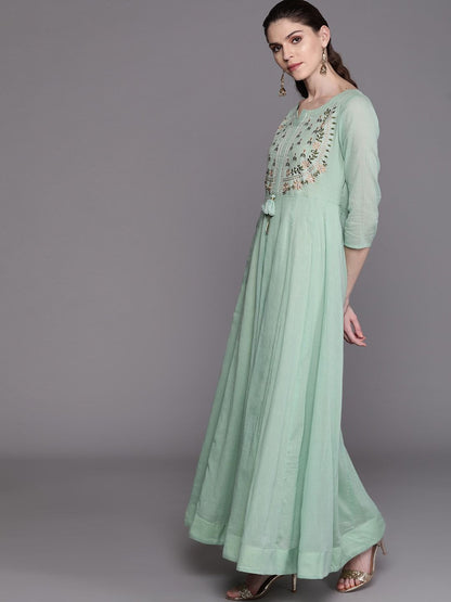 Women's  Sea Green & Golden Yoke Design Anarkali Kurta With Dupatta