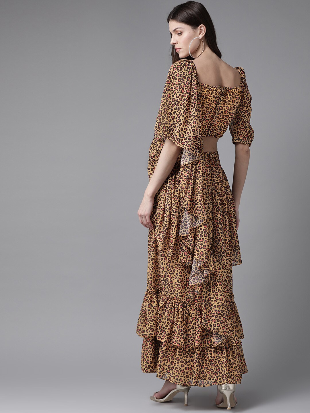 Women's Yellow Leopard Print Frilled Saree With Blouse