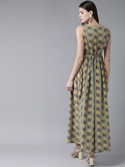 Women's  Green & Yellow Printed Maxi Dress