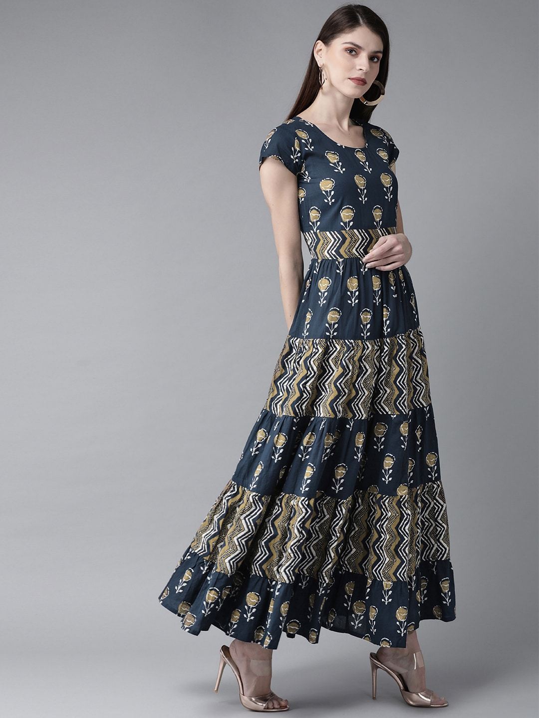Women's  Navy Blue & Beige Printed Maxi Dress