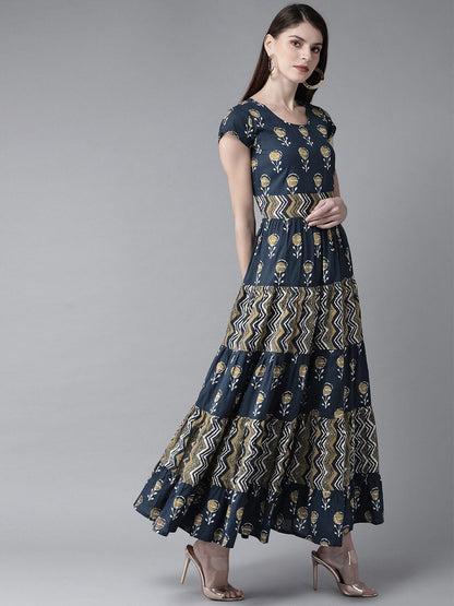 Women's  Navy Blue & Beige Printed Maxi Dress