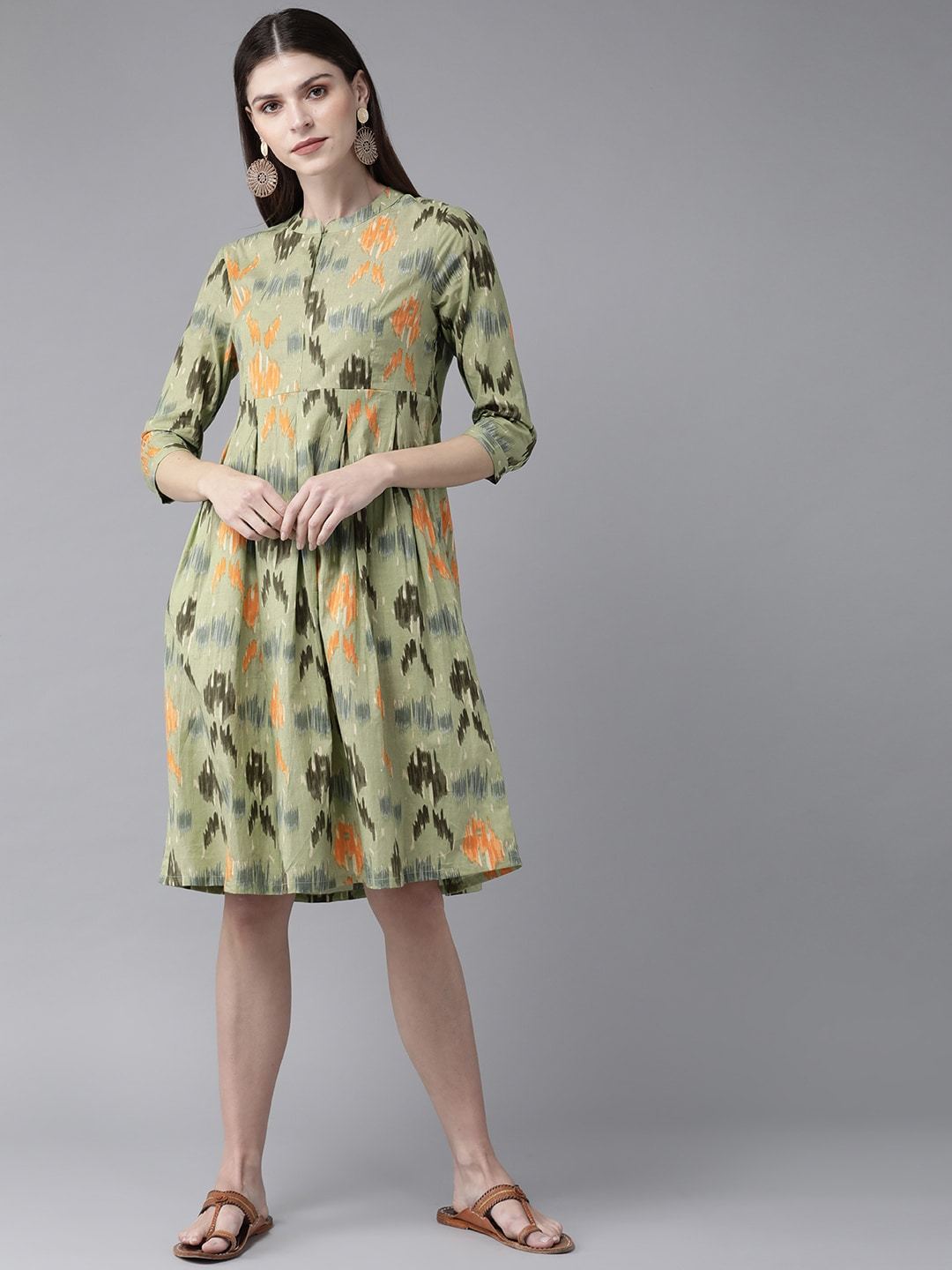 Women's  Green & Orange Printed A-Line Dress