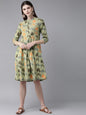 Women's  Green & Orange Printed A-Line Dress