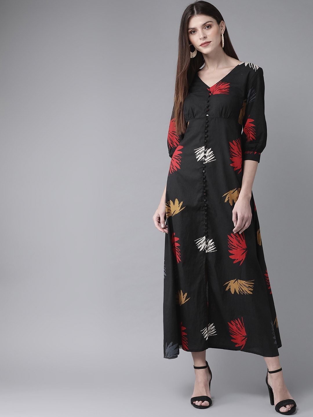 Women's  Black & Red Printed Maxi Dress