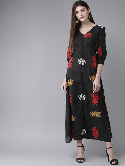 Women's  Black & Red Printed Maxi Dress