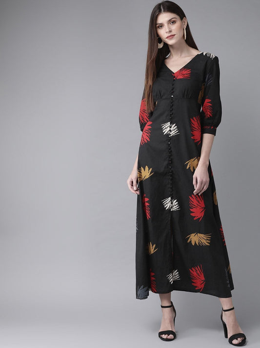Women's  Black & Red Printed Maxi Dress