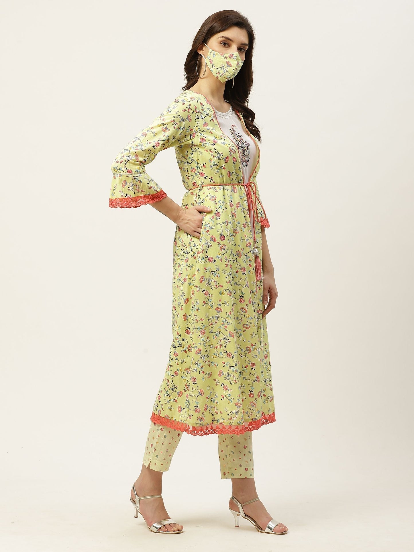 Women's Kurta Pant Set with Printed Jacket