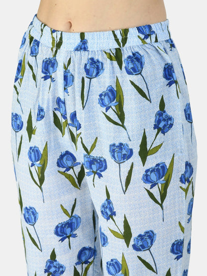 Women's BLue Cotton Printed Half Sleeve V Neck Casual Night Suit