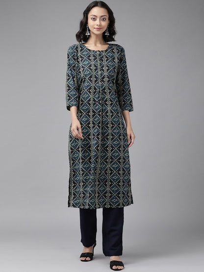 Women's Teal Blue & Black Kurta Set