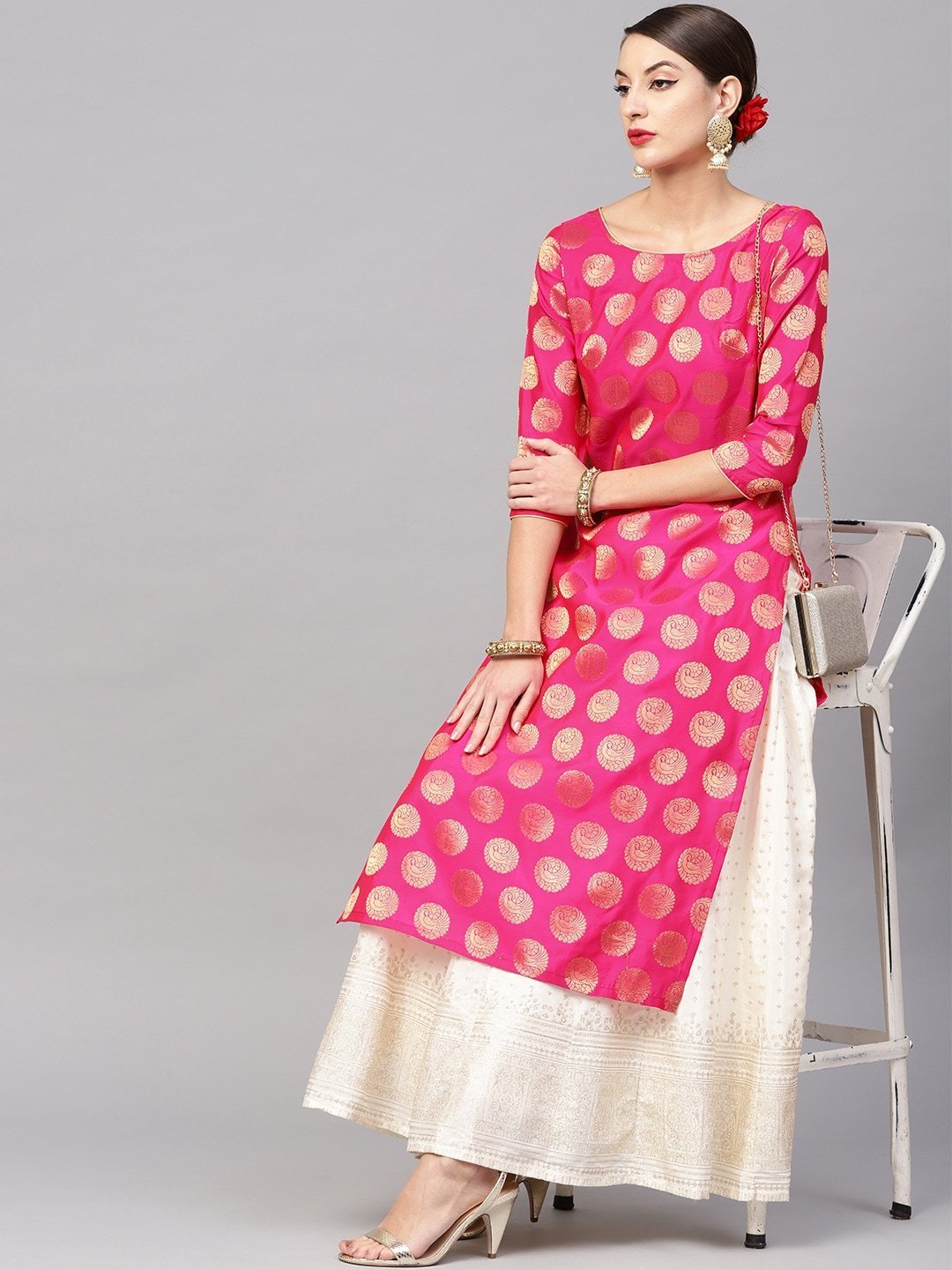 Women's  Pink & Golden Woven Design Straight Kurta