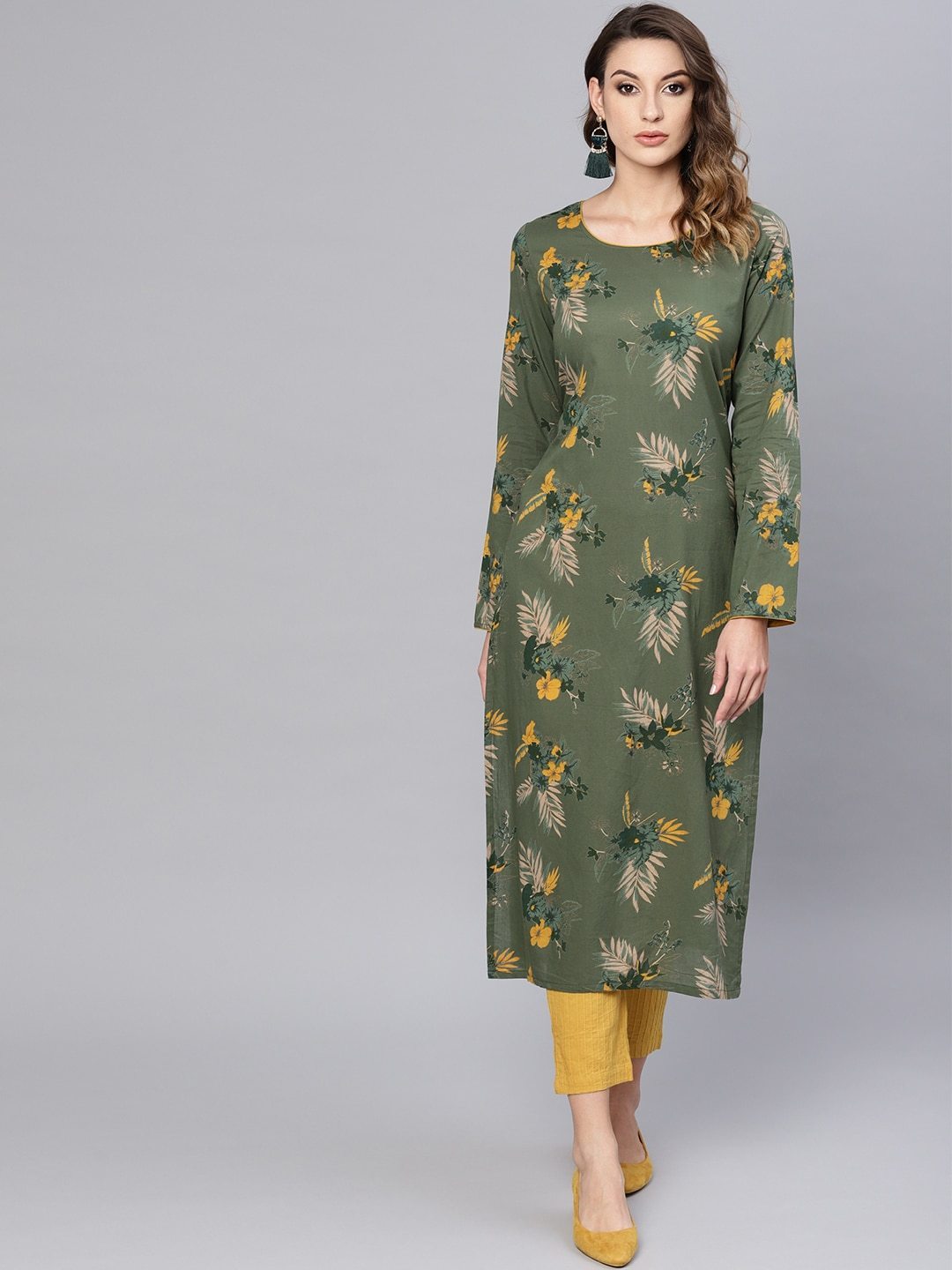 Women's  Olive Green & Mustard Yellow Floral Printed Straight Kurta