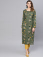 Women's  Olive Green & Mustard Yellow Floral Printed Straight Kurta
