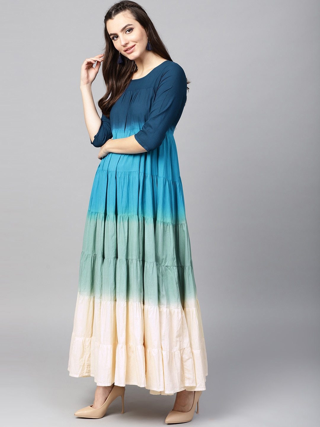 Women's  Navy Blue & Green Ombre Dyed Tiered Anarkali Kurta