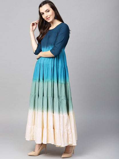 Women's  Navy Blue & Green Ombre Dyed Tiered Anarkali Kurta