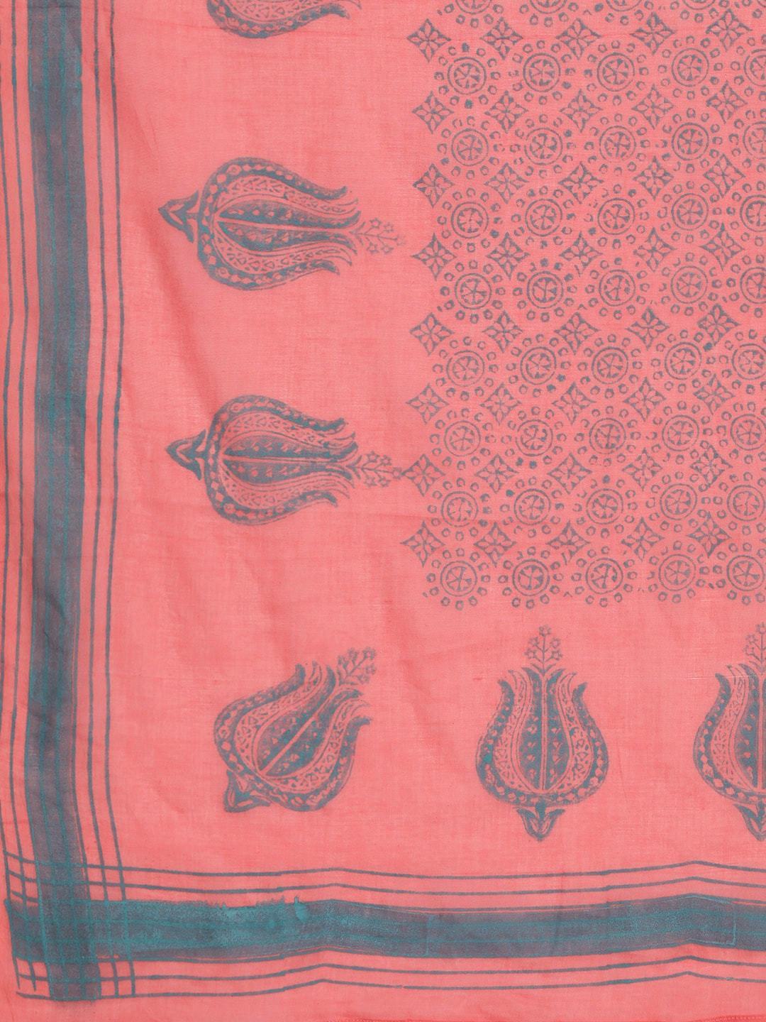 Women's  Peach-Coloured & Teal Blue Yoke Design Anarkali Kurta With Dupatta
