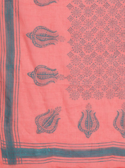 Women's  Peach-Coloured & Teal Blue Yoke Design Anarkali Kurta With Dupatta