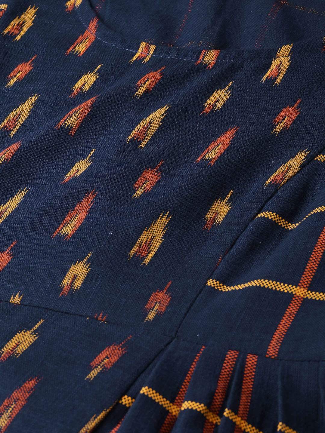 Women's  Navy Blue & Orange Printed A-Line Dress