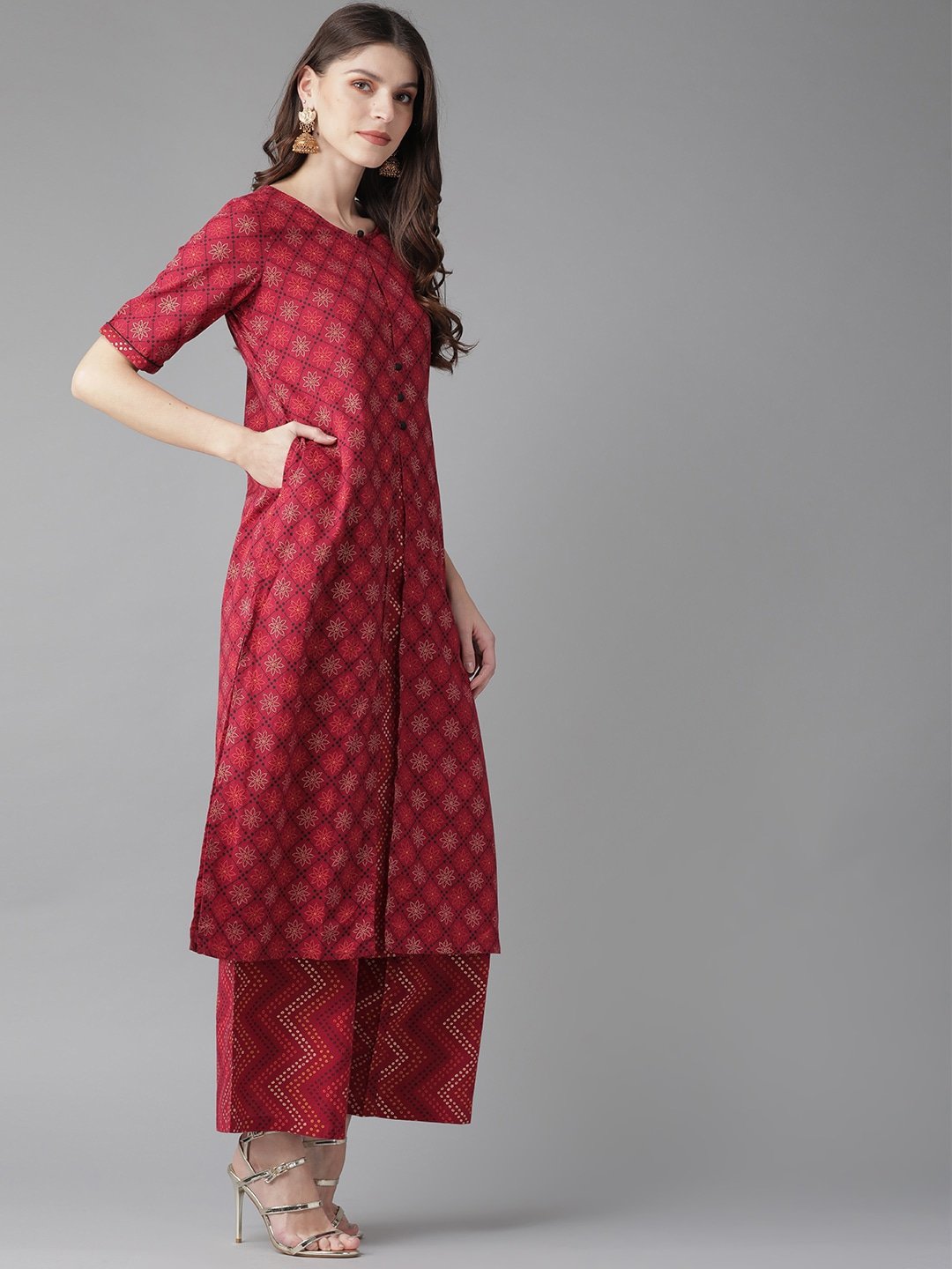 Women's  Maroon & Golden Printed Kurta with Palazzos
