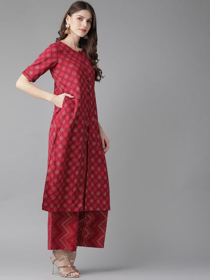 Women's  Maroon & Golden Printed Kurta with Palazzos