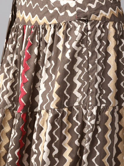 Women's  Brown & Off-White Printed Kurta with Skirt