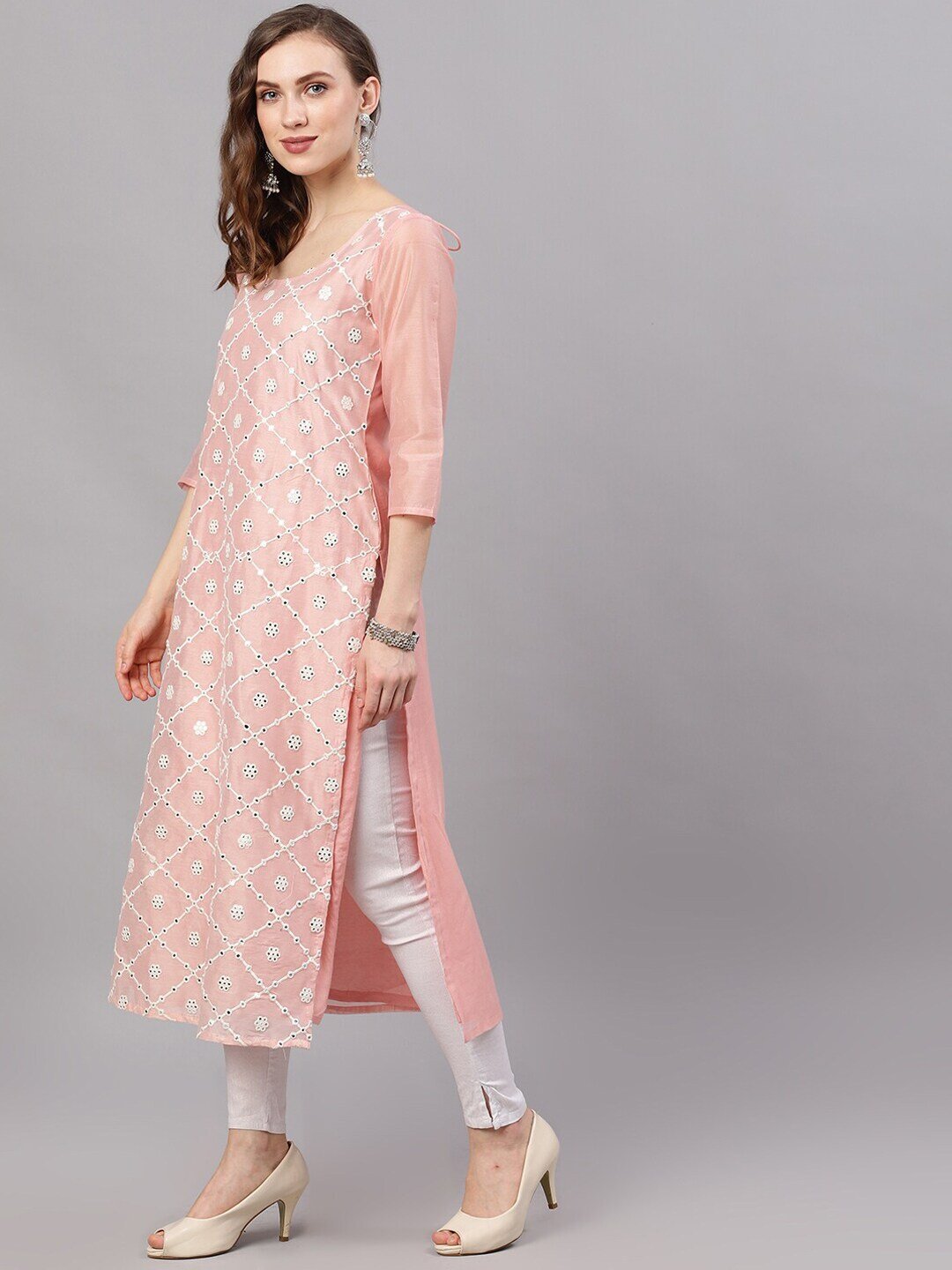 Women's  Peach-Coloured & White Embroidered Straight Kurta